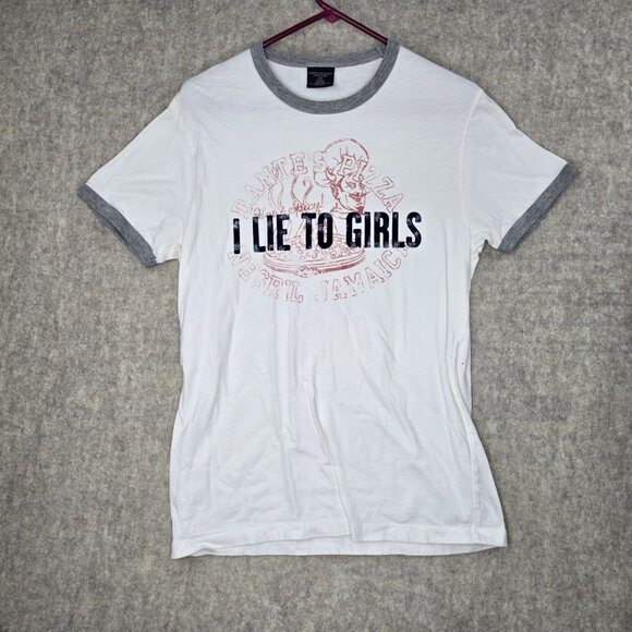 American Eagle Outfitters White & Gray "I Lie To Girls" Graphic Ringer Tee - Picture 1 of 7